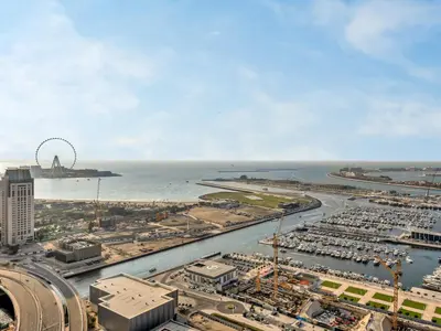 an aerial view of a city and the ocean at SKY HIGH 2 BHK # Ain Dubai & Sea View # Marina & JBR in Dubai