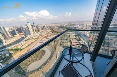 a view of the city from the top of a skyscraper at Exclusive Sea-View 3Bhk 6pax in Dubai