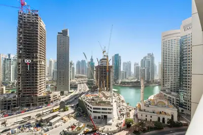 a view of a city with tall buildings at Stunning 1 BR in JBR Dubai Marina The Walk in Dubai