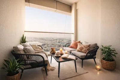 a living room with a couch and a table and chairs at Keyrock Living - Dubai Oasis with Balcony Views in Dubai