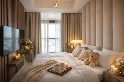 a bedroom with a large bed with a teddy bear on it at Keyrock Living - Luxe 2BR in Business Bay in Dubai