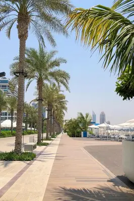 a sidewalk with palm trees and buildings in the background at Seafront Escape Infinity Pool & Private Beach in Dubai