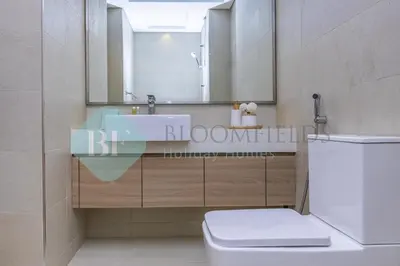 a bathroom with a sink and a toilet and a mirror at Bloomfields Cozy Stu Azizi Farhad in Dubai