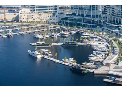 an aerial view of a marina with boats in the water at KeyRock Living - Stylish 1BR with Pool Access in Dubai