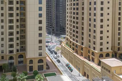 an aerial view of a city with tall buildings at HAVN - Studio in Murjan JBR, 5mins to JBR Beach in Dubai