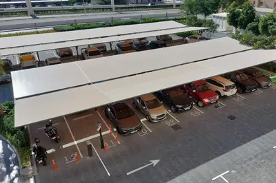 an overhead view of a parking lot with cars parked at Starfish Palm Views Studio in Dubai