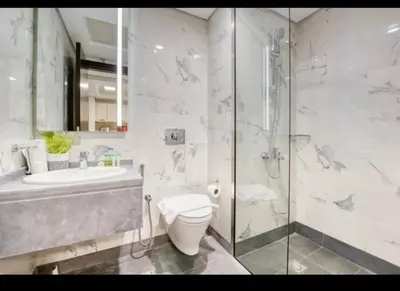 a bathroom with a shower and a toilet and a sink at 012 - Dubai South in Dubai