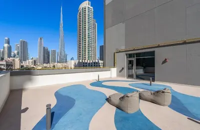 a view of a city skyline from a building at Luxury Apt with Full Burj Khalifa Skyline Views in Dubai