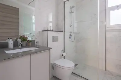 a bathroom with a shower and a toilet and a sink at Frank Porter - Golden Dream Tower in Dubai