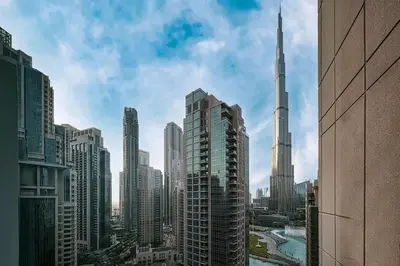 a view of a city with the worlds tallest building at Breathtaking Views & Contemporary Comfort in the Heart of Downtown in Dubai