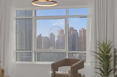 a window with a view of a city skyline at 1BR Apartment in JLT 2km to JBR Beach & Blue Waters Dubai in Dubai