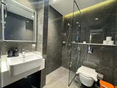 a bathroom with a sink and a shower and a toilet at Great deal Magnificent Brand New with Private PooL in Dubai