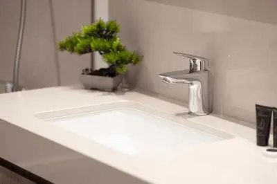 a bathroom sink with a faucet and a plant at Fresh New 2 Bedroom! Amazing Burj Khalifa View! 5-star Pool & Gym Access! in Dubai