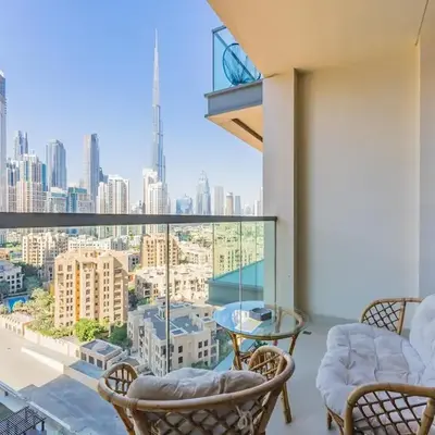 Modern Retreat with Balcony and Burj Khalifa View
