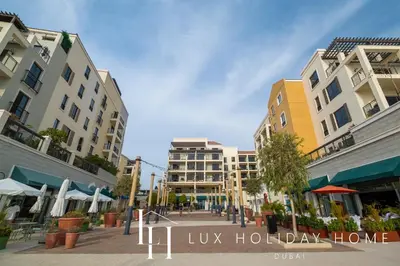 a view of a city street with buildings at LUX The La Mer Luxury Burj View Suite 3 in Dubai