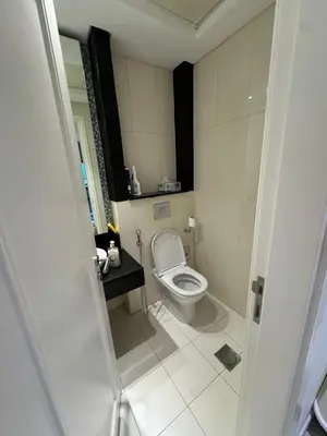 a small bathroom with a toilet and a sink at Bright and Airy 2BR Bay Retreat in Dubai