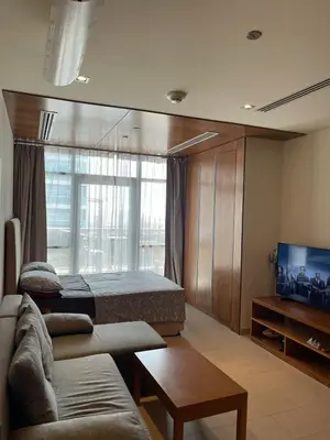 a bedroom with a bed and a couch and a tv at Cozy Studio in Dubai
