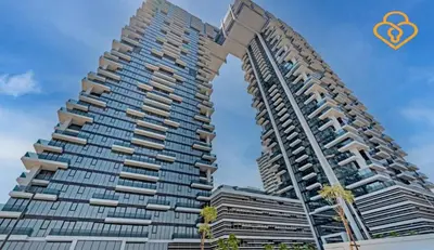 a rendering of a large apartment building with a heart shape at Keysplease 2BR Minutes to WTC and Downtown, Al Wasl Zaabeel Park in Dubai