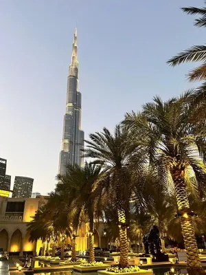 a group of palm trees in front of the burj khalifa at Dubai mall Aparment in Dubai