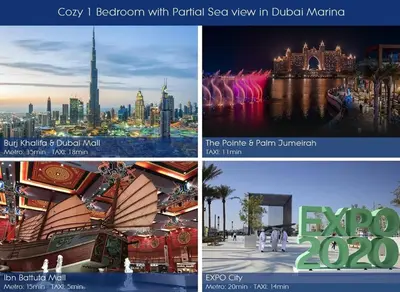 a collage of three pictures of a city with partialsea view in dubai at One Bedroom Apt in Dubai Marina near beach Z1911 in Dubai