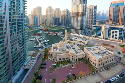 an aerial view of a city with tall buildings at LUXURY 1BED MARINA VIEW JBR BEACH POoL PARKING in Dubai
