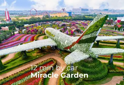 an airplane in the middle of a flower garden at SettlerHomes - Chic JVC Cityview Near Heart of Dubai in Dubai