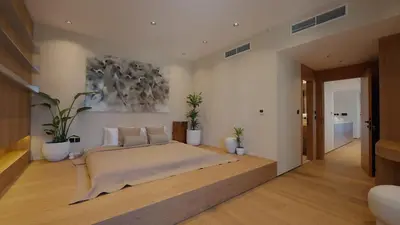 a bedroom with a large bed in a room at Mori - luxury Burj full view in Dubai