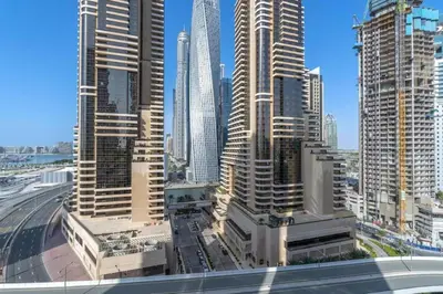 a view of a city with tall buildings at SUNRISE HOMES - A Modern Studio near JBR Beach in Dubai