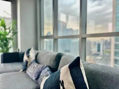a dog sitting on a couch in front of a window at Dubai I Burj Residence Retreat I Piano & Workstation in Dubai