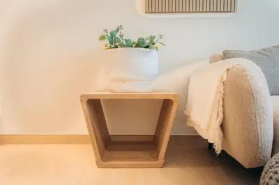 a plant sitting on a table next to a couch at Luxury 2 bedroom Unit, Prime Location in Dubai