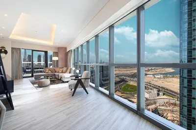 a living room with a view of a city at Mahogany 4 - 2BR 6PAX - Panoramic Burj Khalifa View in Dubai