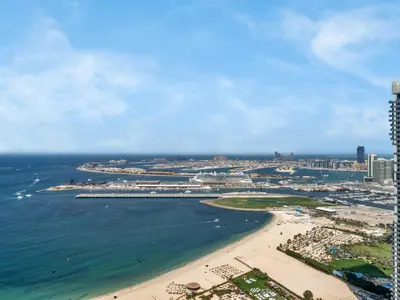 an aerial view of a beach and the ocean at Palm & Sea View Beach Acess JBR walk Skydive clubs in Dubai