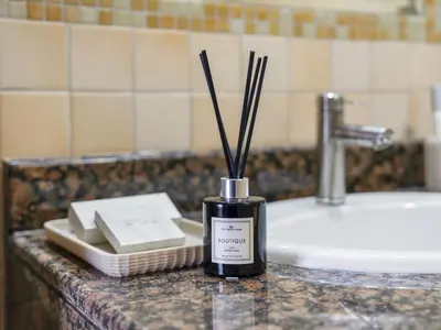 a bottle with sticks in it sitting on a bathroom counter at Palm & Sea View Beach Acess JBR walk Skydive clubs in Dubai