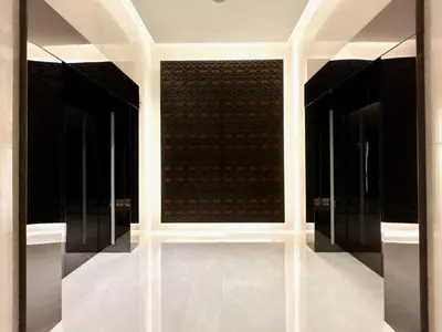 a room with a large window in a building at Cosmos Living Studio at JW Marina in Dubai