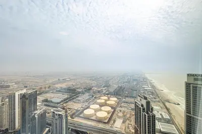 an aerial view of a city with tall buildings at High-Floor Luxury 2BR, Sea View, Address JBR in Dubai