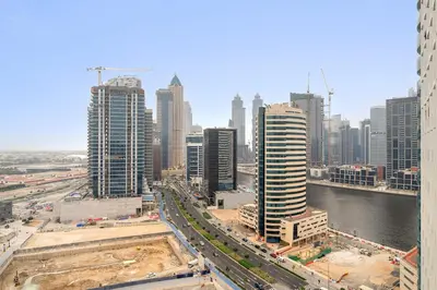 an aerial view of a city with tall buildings at FIRST CLASS Studio Cozy Luxe Sanctuary in Dubai