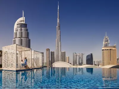 a rendering of the dubai skyline with a pool at Address Dubai Mall Residences in Dubai