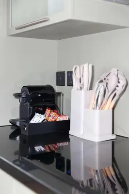a kitchen counter with a container of utensils at 3BR Loft I Burj Khalifa & Mall in Dubai