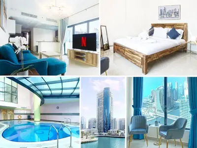 a collage of photos of a hotel room at Dubai Marina View, close to beach & metro in Dubai