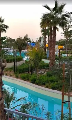 a view of the pool at a resort with palm trees at Amazing 3BHK Townhouse in Damac Hills 2 upto 10PLL in Dubai