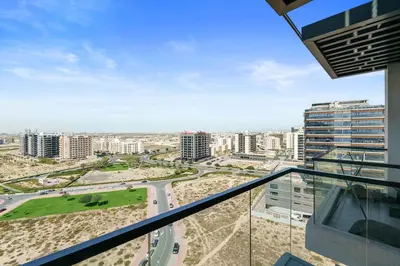 a view of a city from a building at Modern Studio with all Amenities Ideal Location in Dubai