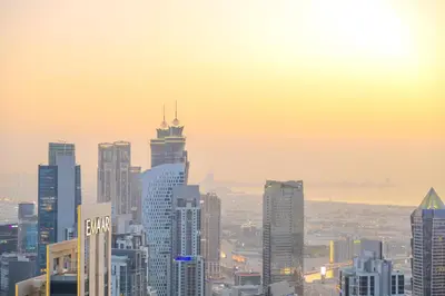 a view of a city with skyscrapers at 60th High Floor - full World islands, Downtown and Ocean View - high quality Design and Furniture - 2 Bedroom in Dubai