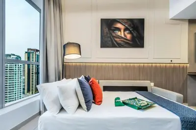 a hotel room with a bed and a large window at High floor Marina Views Walk to Beach JBR & Mall in Dubai
