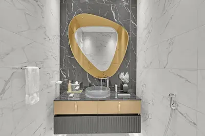 a bathroom with a vanity with a round mirror at Spacious 3BR , Balcony & City Views by Bhavan Vacation Homes in Dubai