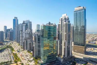 an aerial view of a city with tall buildings at Downtown Dubai Luxury 1 BR in BLVD Heights T1 in Dubai
