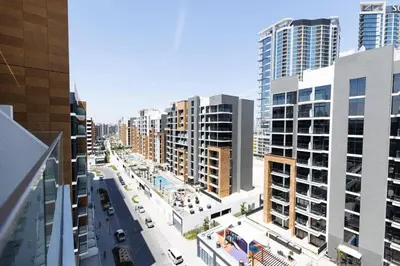 an aerial view of a city with tall buildings at Azizi Riviera 42 - Meydan by Golden Casa in Dubai