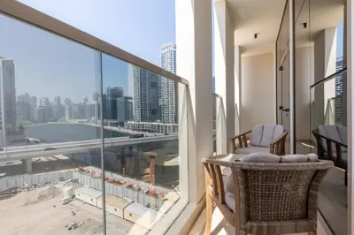 a balcony with a view of a city skyline at Partial Canal View, Business Bay in Dubai