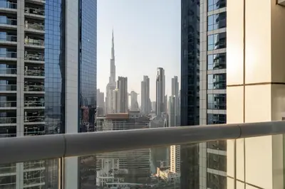 a view of a city skyline from a skyscraper at Damac Paramount Tower Burj Views in Dubai