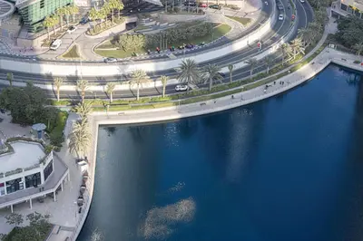 an overhead view of a road and a river with a highway at Lake View Studio near Marina with Pool, Sauna and Gym in Dubai