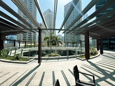 a view of a building with tall buildings at Waterfront Studio, perfectly located in Dubai Marina in Dubai